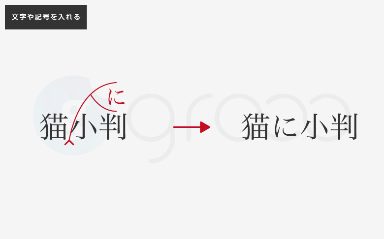 図 文章の間に新たに文字や文章を追加したい場合の校正記号の紹介。入れたい部分の下部に逆V字のような記号を書き、そこから引き出し線を引き、引き出し線の末端をY字の用に枝分かれさせて、その間に追加したい文字や文章を書く